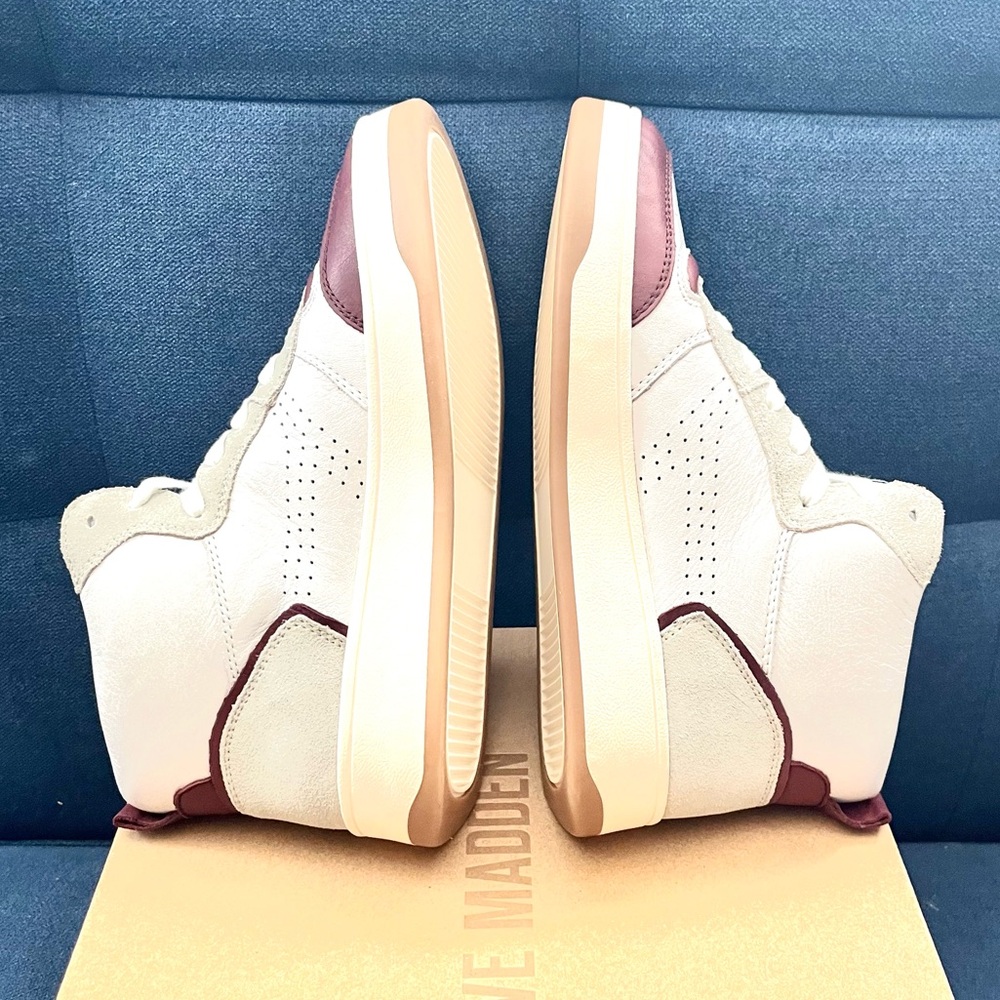 NEW Steve Madden Quality LEATHER Womens Sneakers Shoes White Burgundy size 6 - Picture 7 of 16